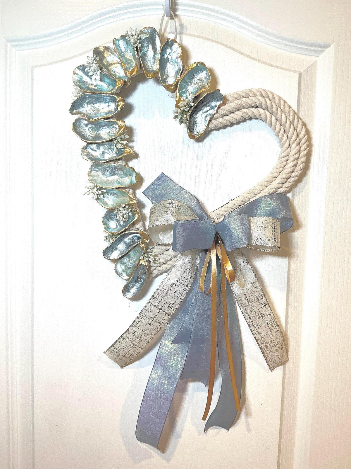 Heart Shaped Oyster Shell Wreath with Rope, Coastal Beach Wall Decor