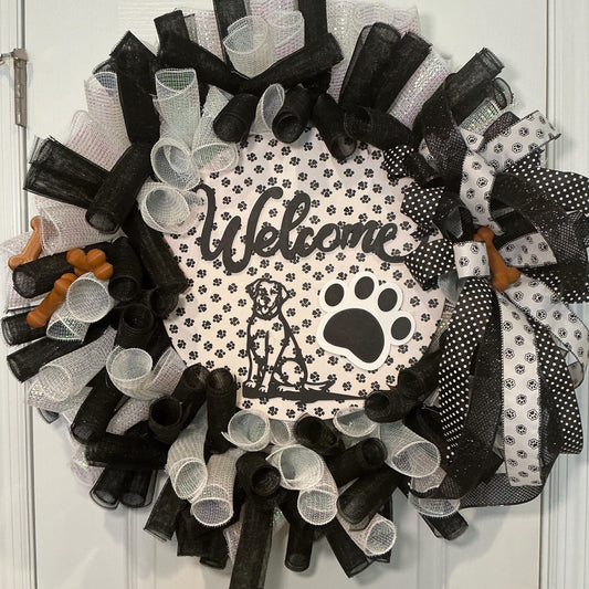20 Inch Dog Welcome Wreath | Black White Paw Print | Farmhouse Pet Lover Wreath