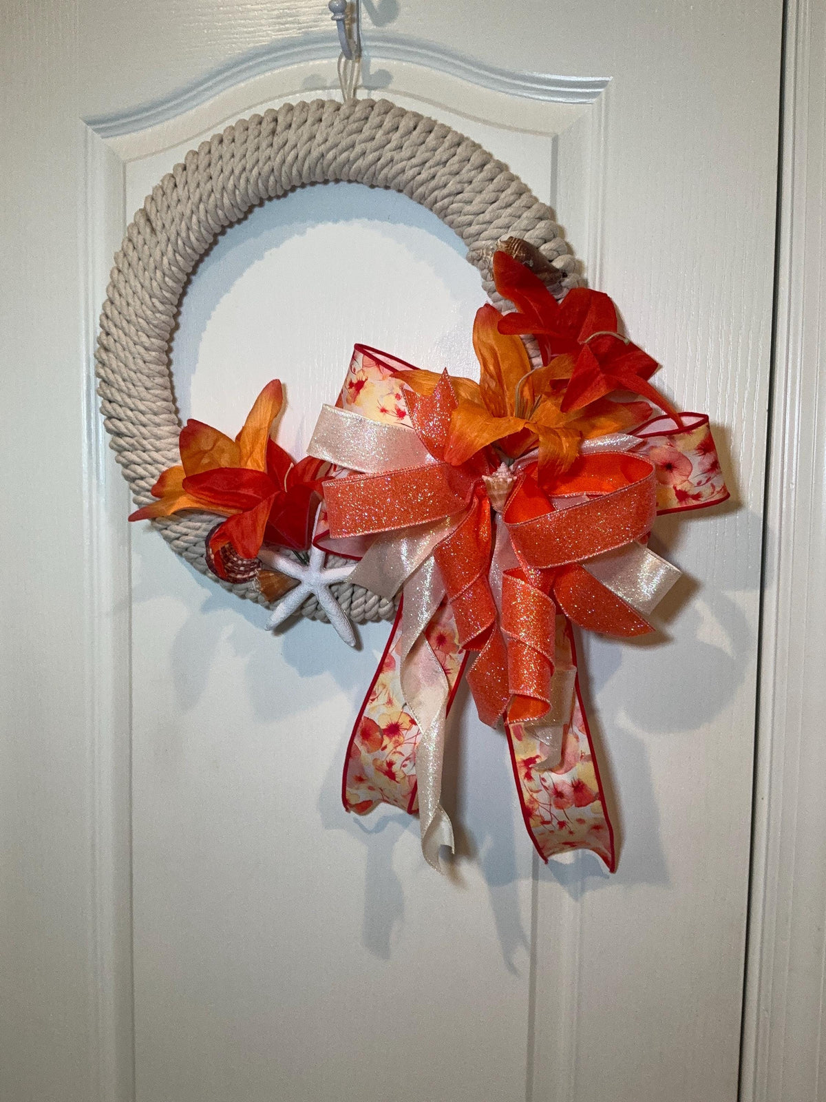 Tropical Orange Coastal Wreath, Rope Starfish Beach Decor, Seashell Nautical Front Door Wreath, Lake House Housewarming Gift, Handmade Summe