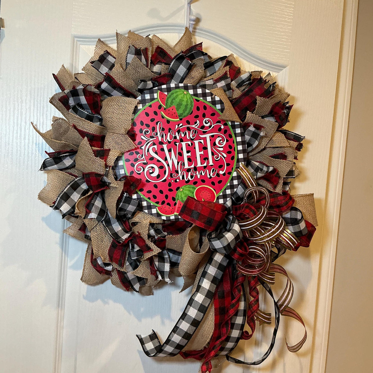 Home Sweet Home Watermelon Wreath with Burlap Buffalo Check, Summer Front Door Decor