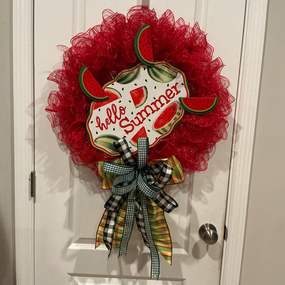 Watermelon Wreath, Hello Summer Door Decor, Buffalo Check Bow, Farmhouse Porch Accent