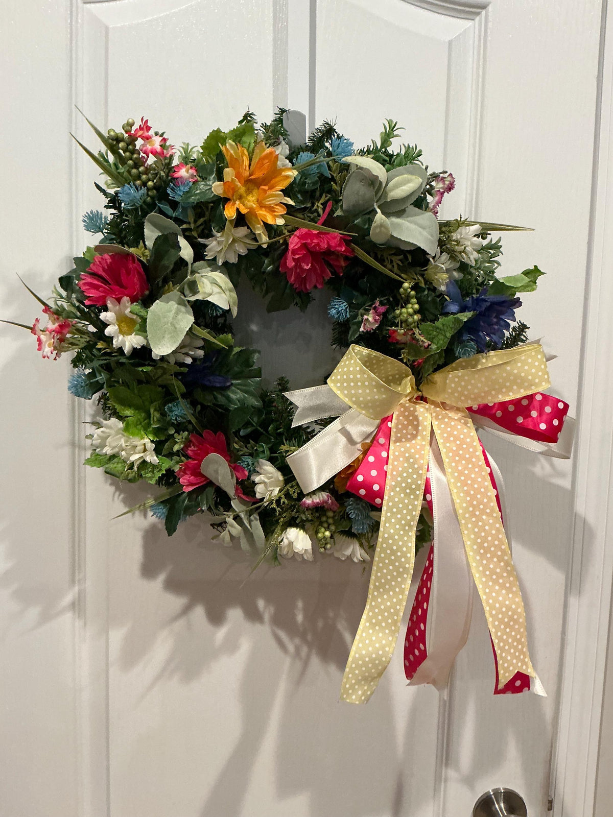 Wildflower Wreath, Red Orange Blue Floral Decor, Farmhouse Front Door Wreath, Housewarming Gift, Handmade