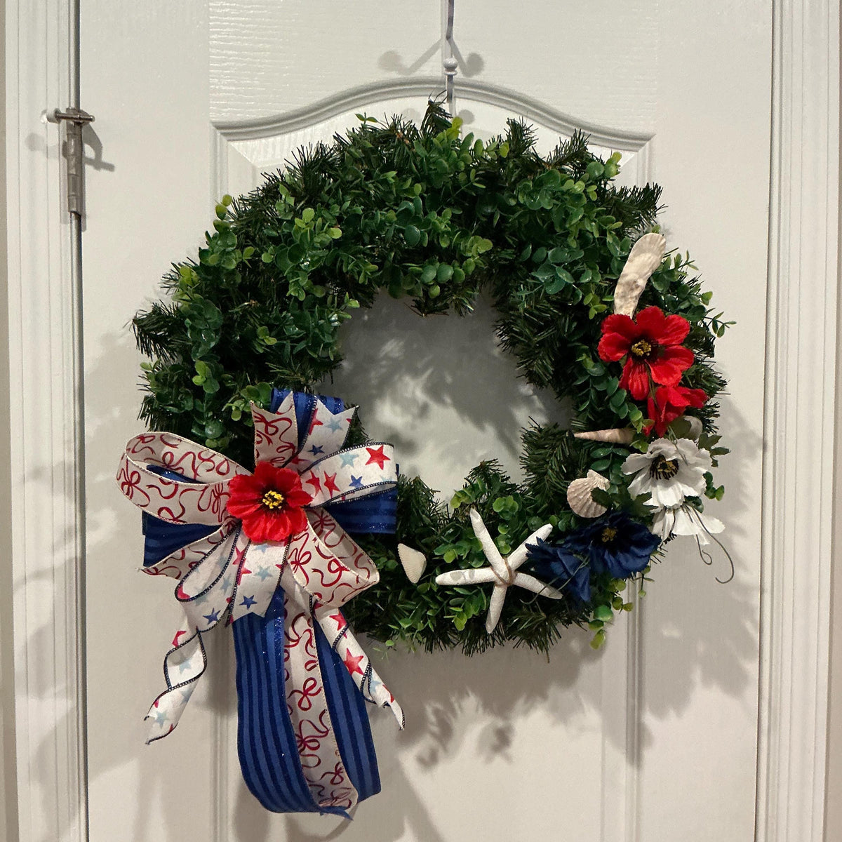 Coastal Americana Wreath, Starfish Boxwood Patriotic Door Decor, Fourth of July Beach Accent