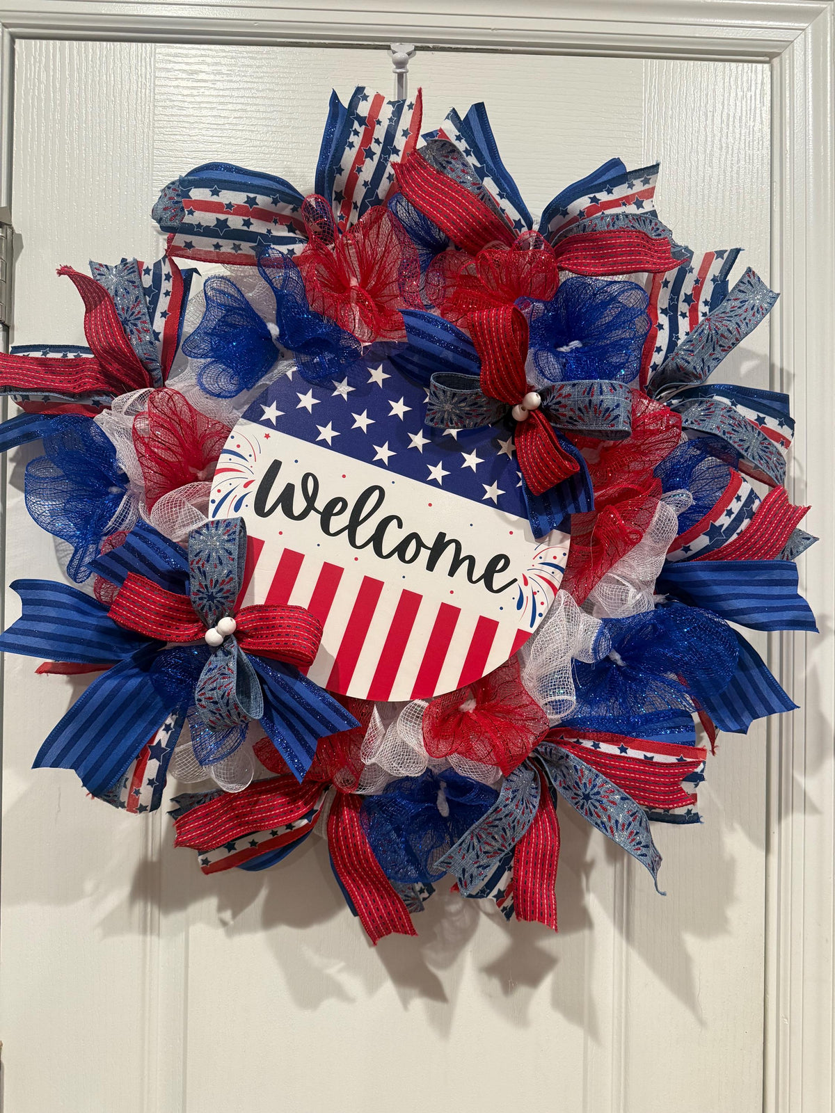 Handmade Americana Wreath, American Flag Welcome Sign, Red White Blue Decor