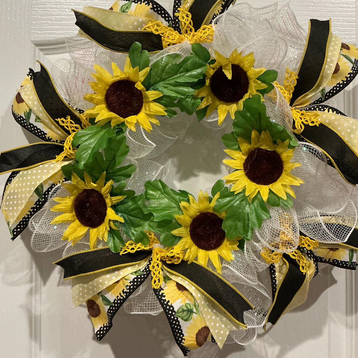 Sunflower Wreath, 12 Inch Black Yellow Polka Dot Bow on White Mesh