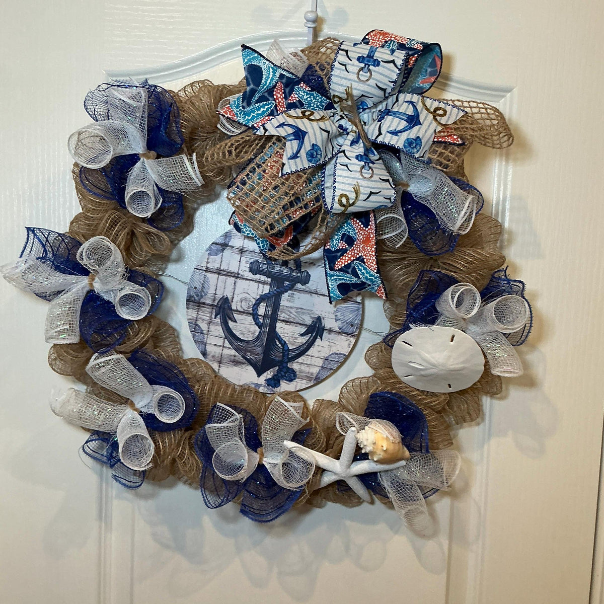 Coastal Anchor Wreath with Starfish and Sand Dollar, Navy Blue Nautical Door Decor