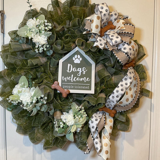 Dog Wreath, Dogs Welcome People Tolerated Sign, Farmhouse Paw Print Decor, Year Round Front Door, Dog Lover Gift