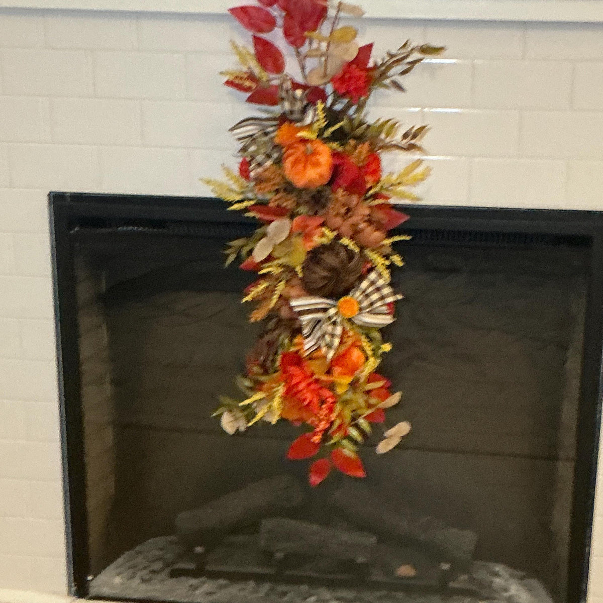 Pumpkin Fall Floral Swag, 28 Inch Buffalo Check Bow Door or Mantel Decor