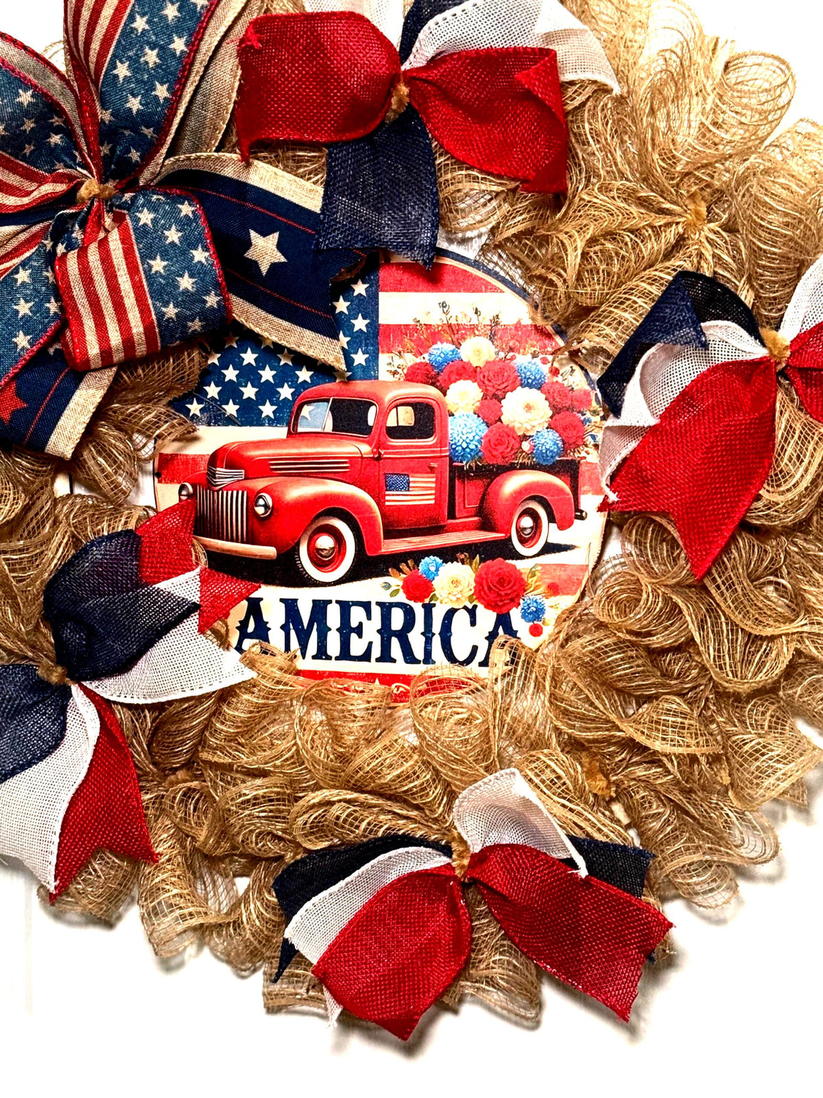 Burlap Red Truck Wreath, Americana Farmhouse Decor, Fourth of July Floral Accent