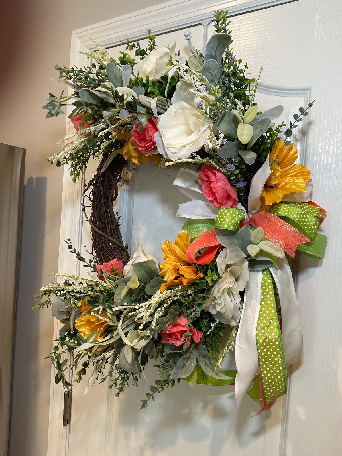 Grapevine Wreath, Coral Rose Sunflower Front Door Decor, Farmhouse Housewarming Gift, Mothers Day Wreath