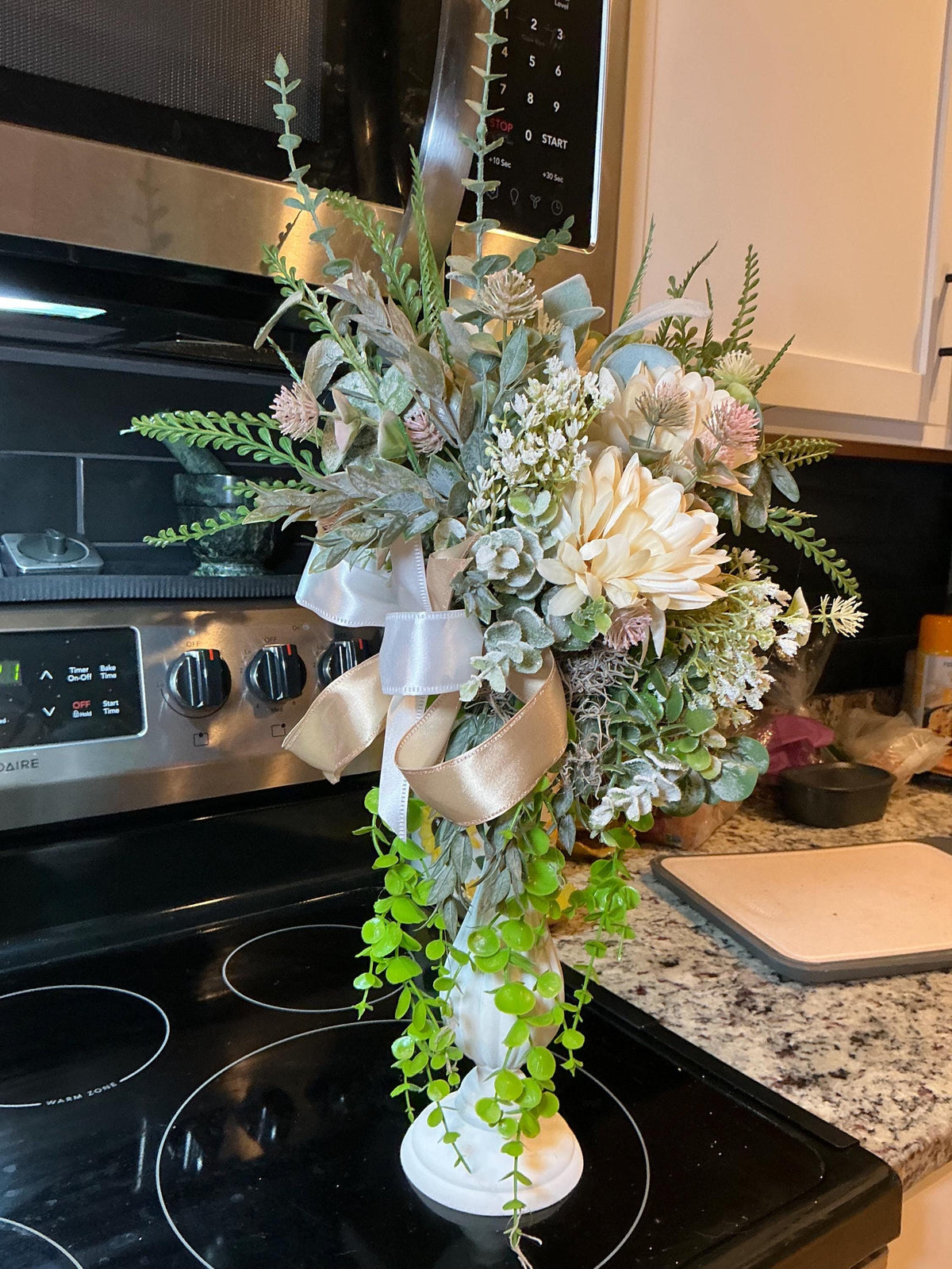Floral Pedestal Arrangement, Cream Dahlias, Eucalyptus, Trailing Vine, Champagne Bow