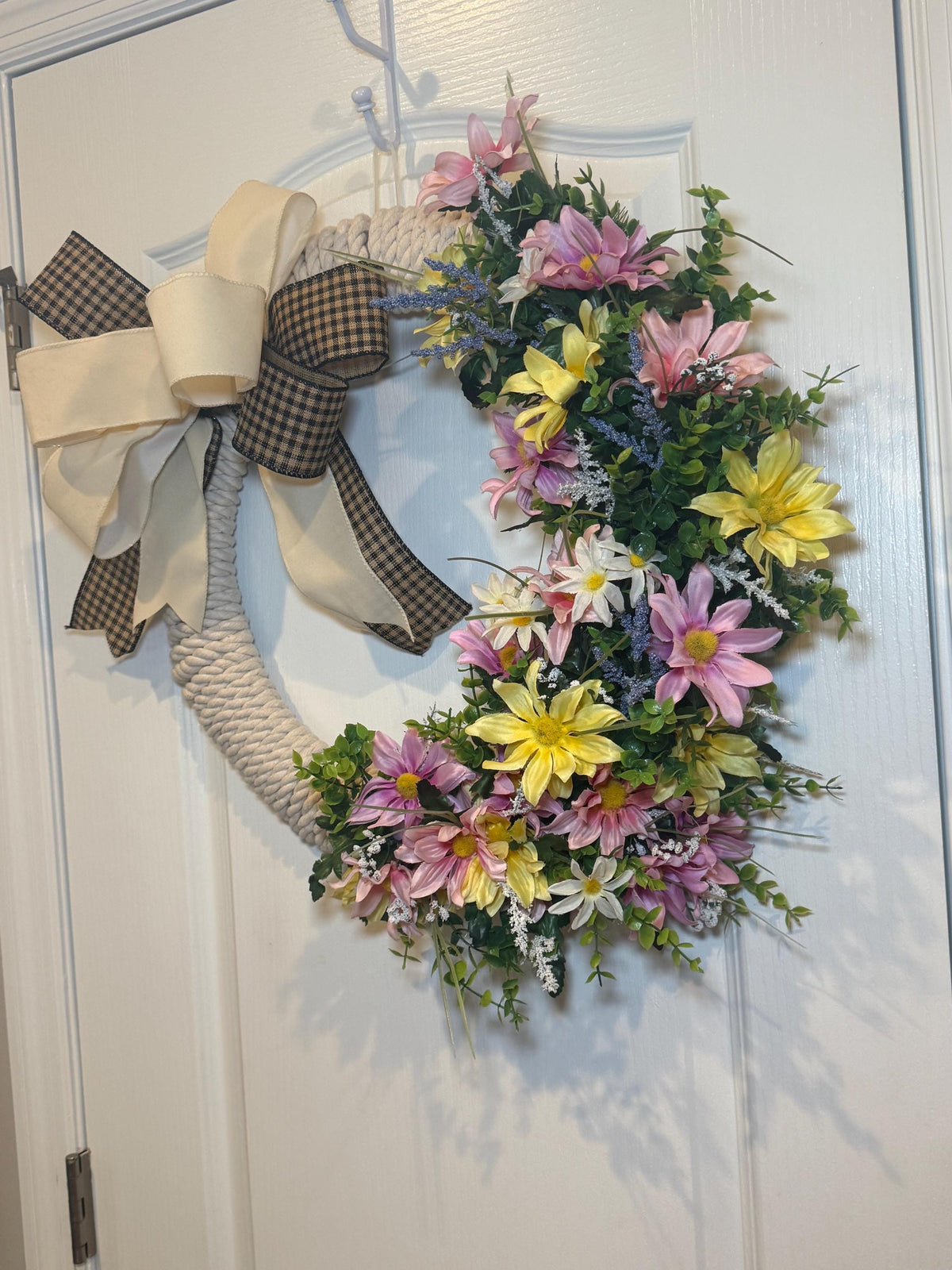 Wildflower Rope Wreath, 18 Inch Daisies Pink Lilies and Buffalo Check Bow