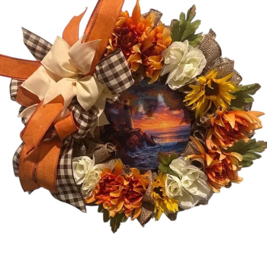 Lighthouse Sunset Coastal Wreath, 14 Inch Burlap Fall Door Decor