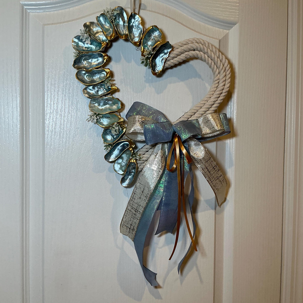 Heart Shaped Oyster Shell Wreath with Rope, Coastal Beach Wall Decor