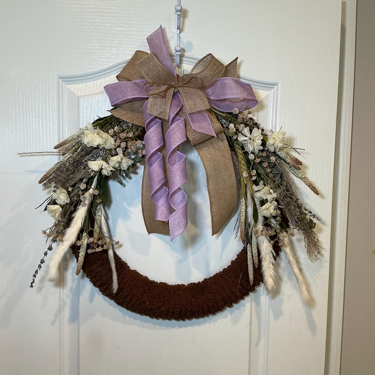 Dried Lavender Farmhouse Wreath with Brown Chenille Base and Burlap Bow, Year Round Door Decor