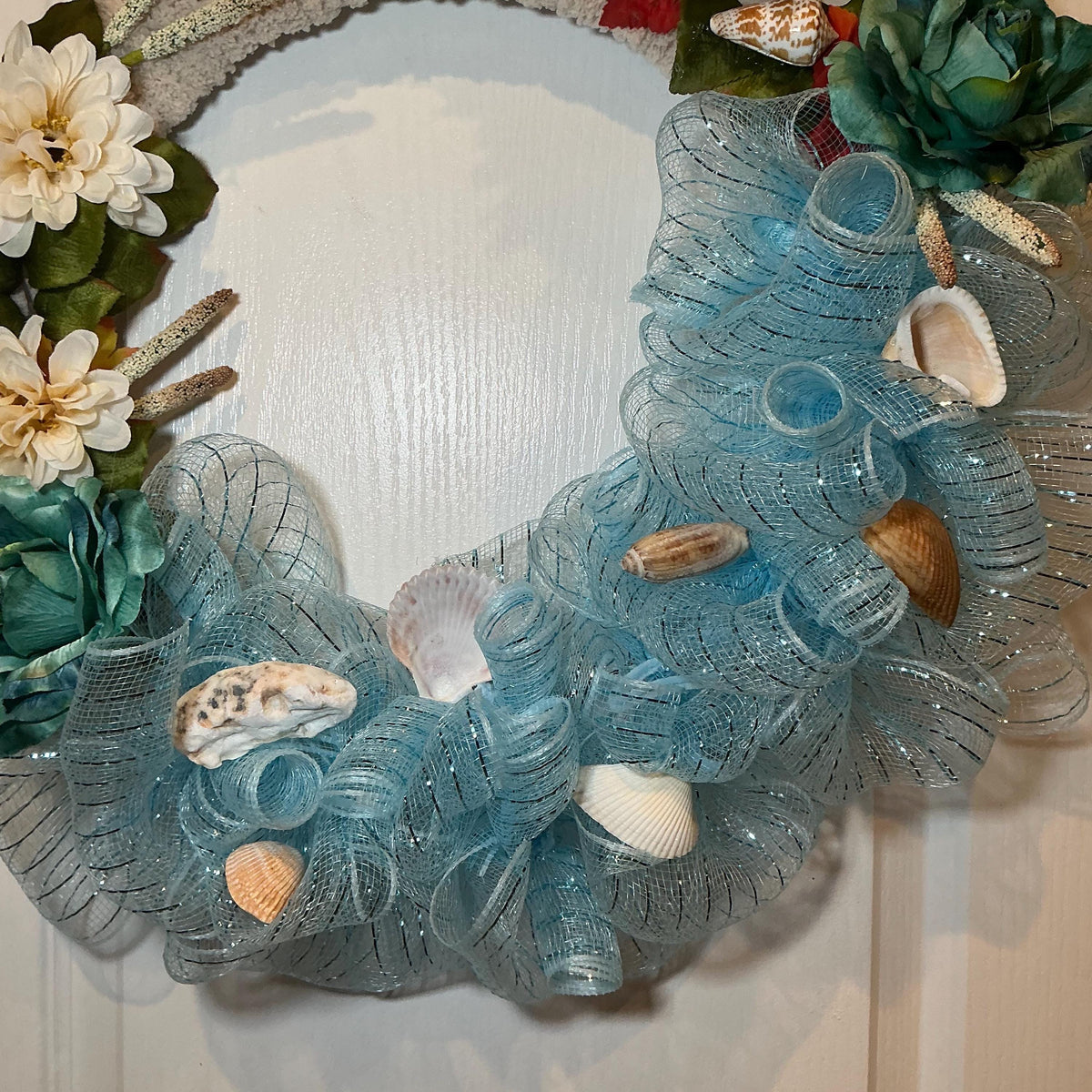 Coastal Fall Wreath, 18 Inch Ocean Blue Mesh Seashells and Rust Leaves