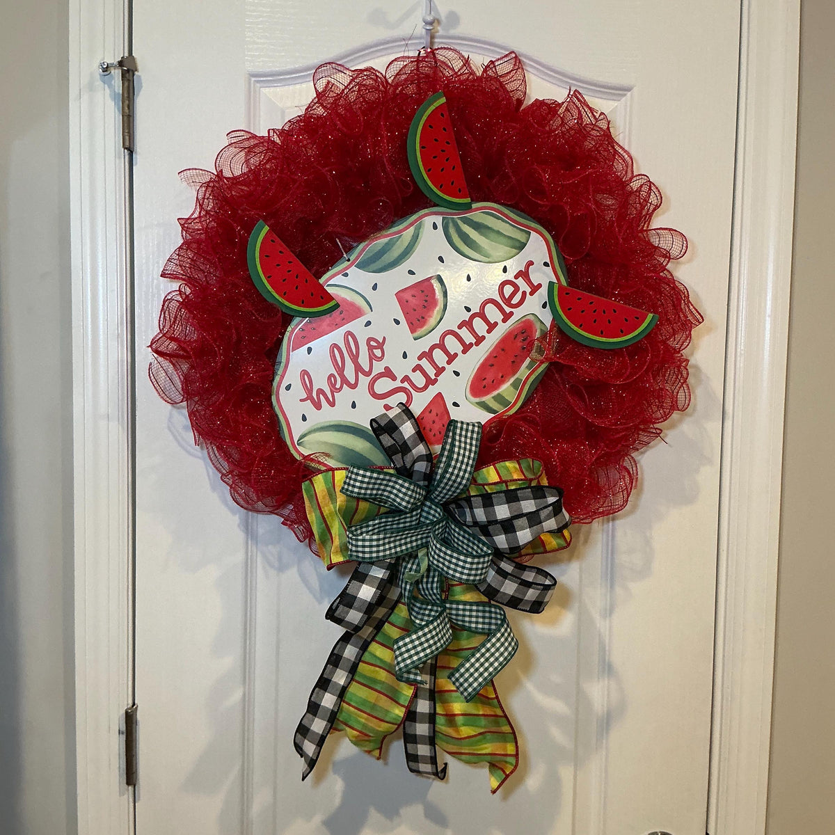 Watermelon Wreath, Hello Summer Door Decor, Buffalo Check Bow, Farmhouse Porch Accent