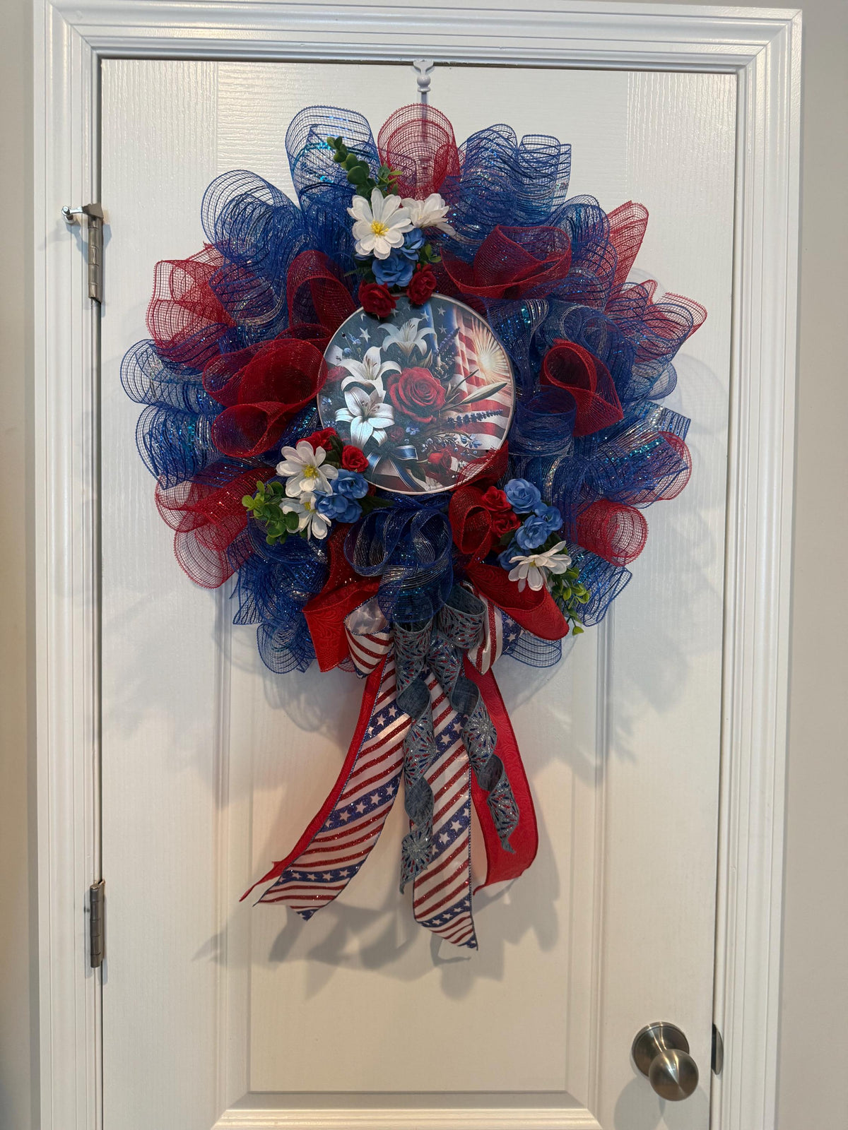 16 Inch Patriotic Floral Flag Wreath with Roses, Hydrangeas and Stars Stripes Bow