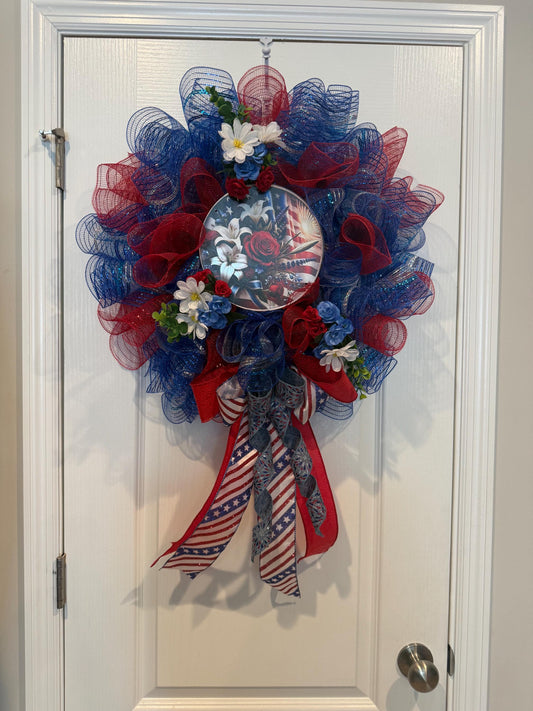 16 Inch Patriotic Floral Flag Wreath with Roses, Hydrangeas and Stars Stripes Bow