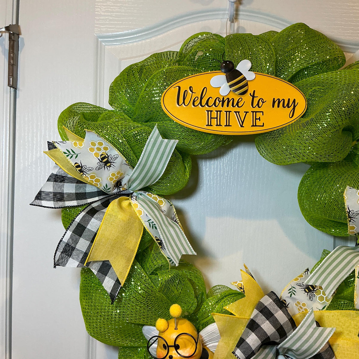Welcome to My Hive Wreath, Bumble Bee & Buffalo Plaid Spring Summer Door Decor.