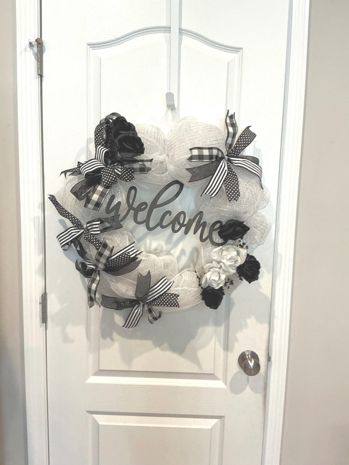 Welcome Black White Wreath, Buffalo Plaid Roses, Farmhouse Door Decor
