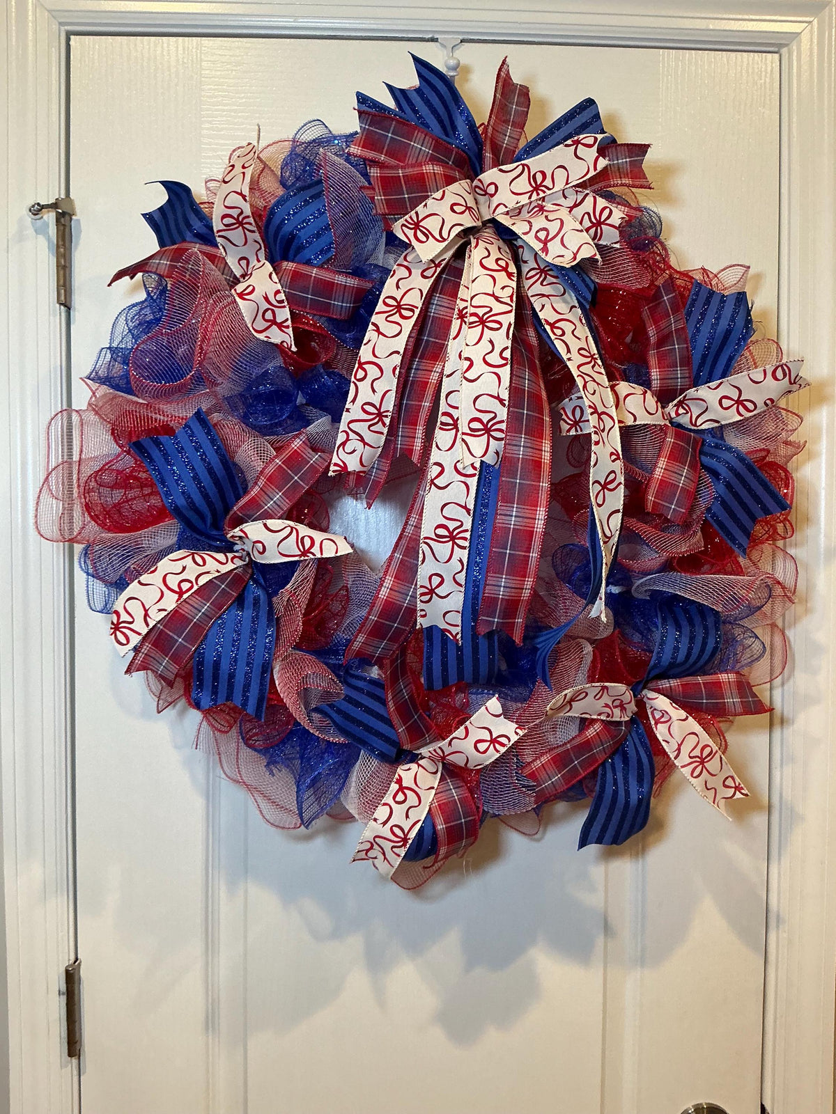 Red White Blue USA Wreath, Deco Mesh Fourth of July Front Door Decor, Americana Ribbon Bow