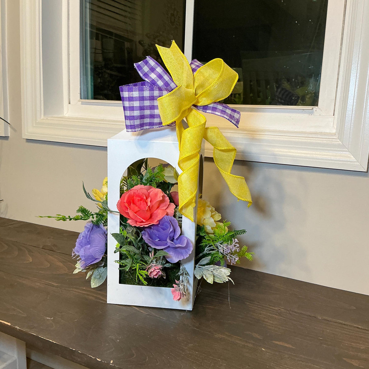 Handmade Floral Lantern Centerpiece, White Metal Yellow Roses, Purple Blooms Gingham Bow