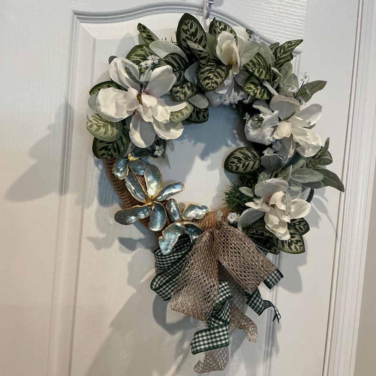 White Magnolia Wreath, Green Gingham Bow, Year-Round Farmhouse Door Decor