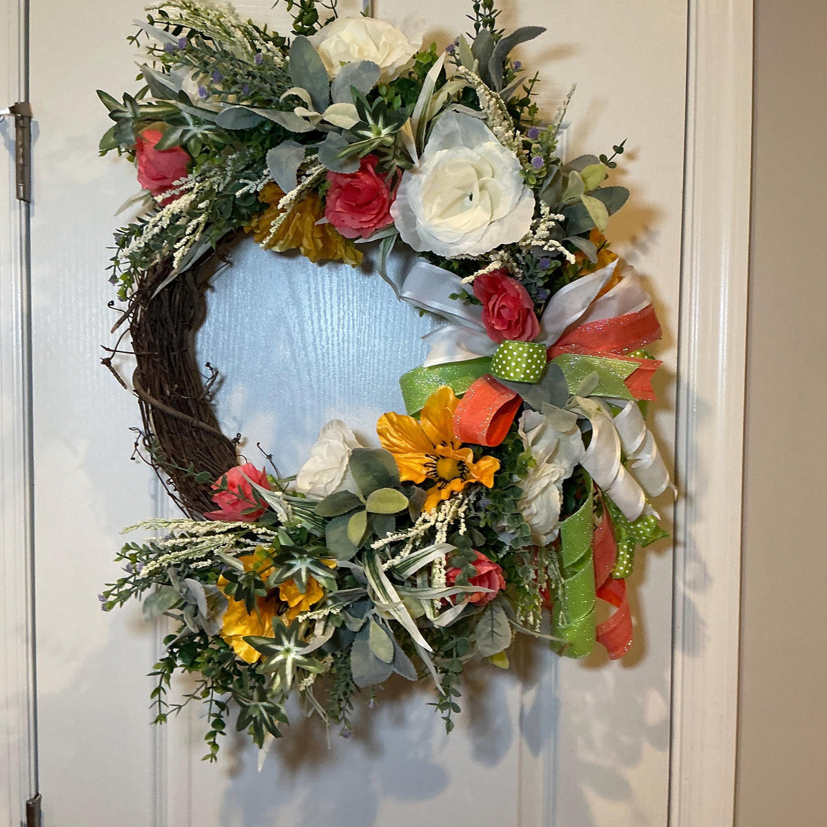Grapevine Wreath, Coral Rose Sunflower Front Door Decor, Farmhouse Housewarming Gift, Mothers Day Wreath