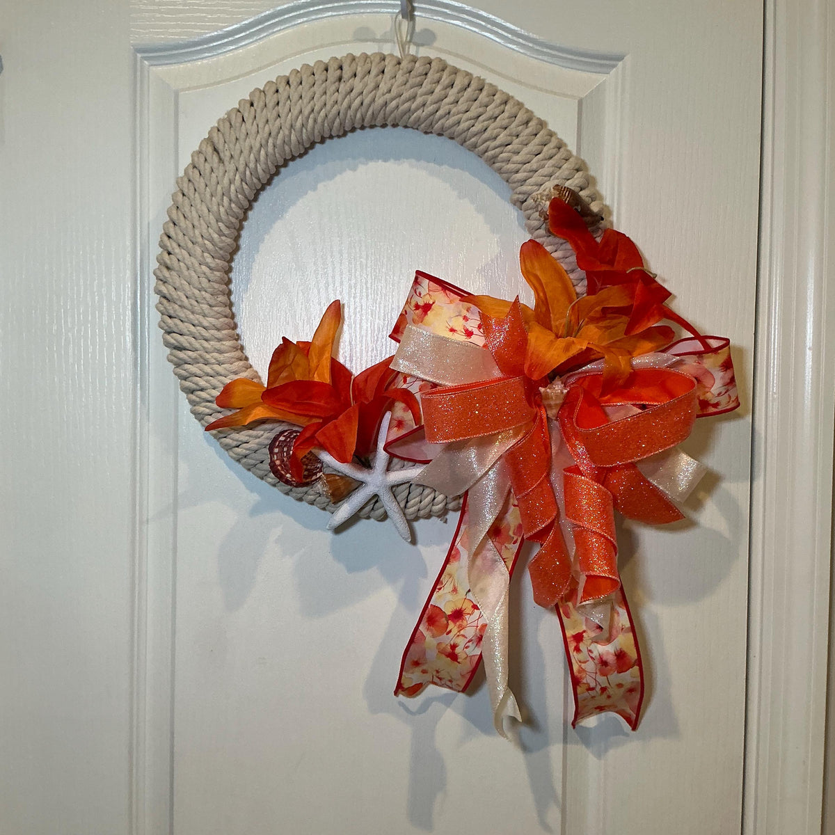 Tropical Orange Coastal Wreath, Rope Starfish Beach Decor, Seashell Nautical Front Door Wreath, Lake House Housewarming Gift, Handmade Summe