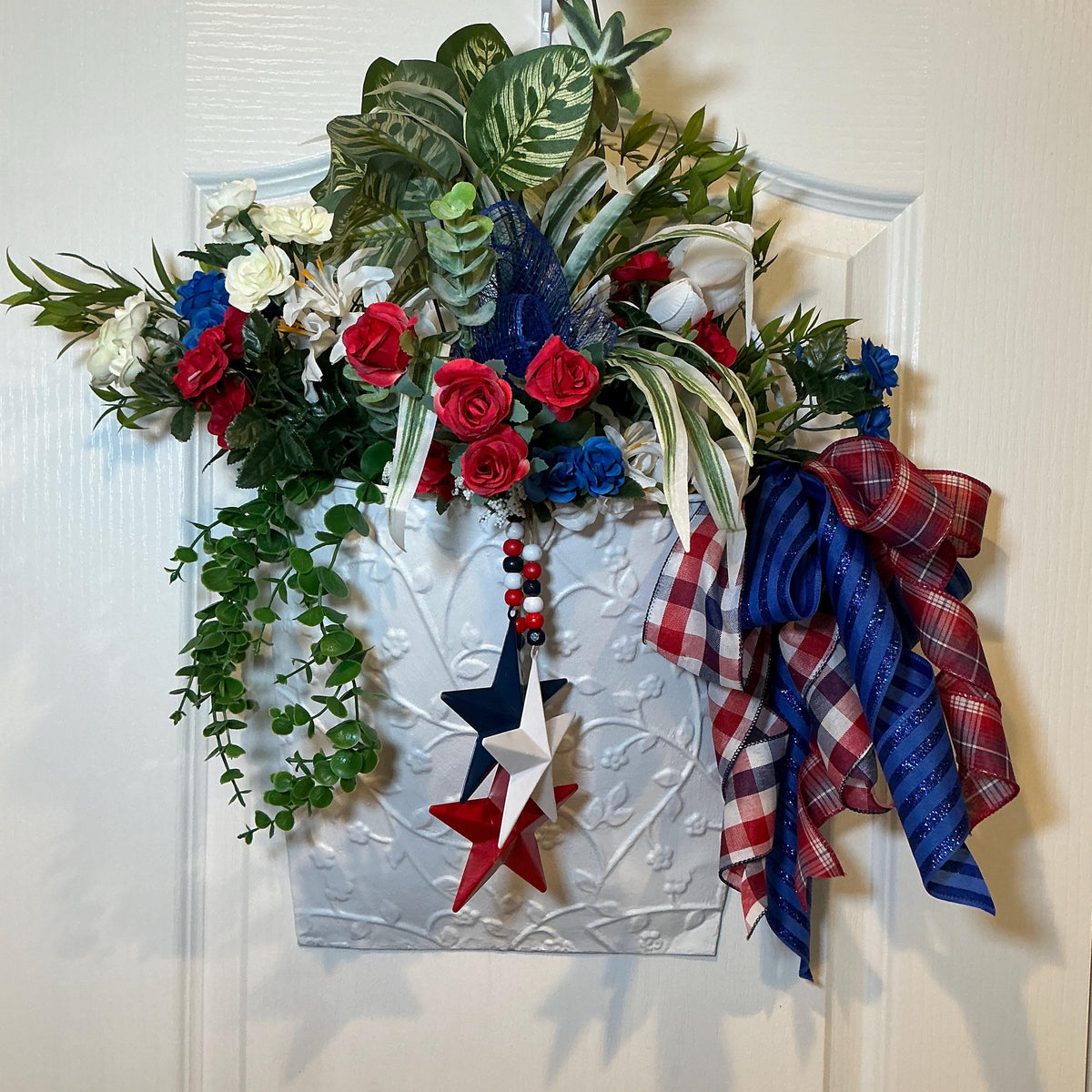 Wall Pocket Basket, Fourth of July Metal Planter, Red White Blue Floral Patriotic Front Door Decor
