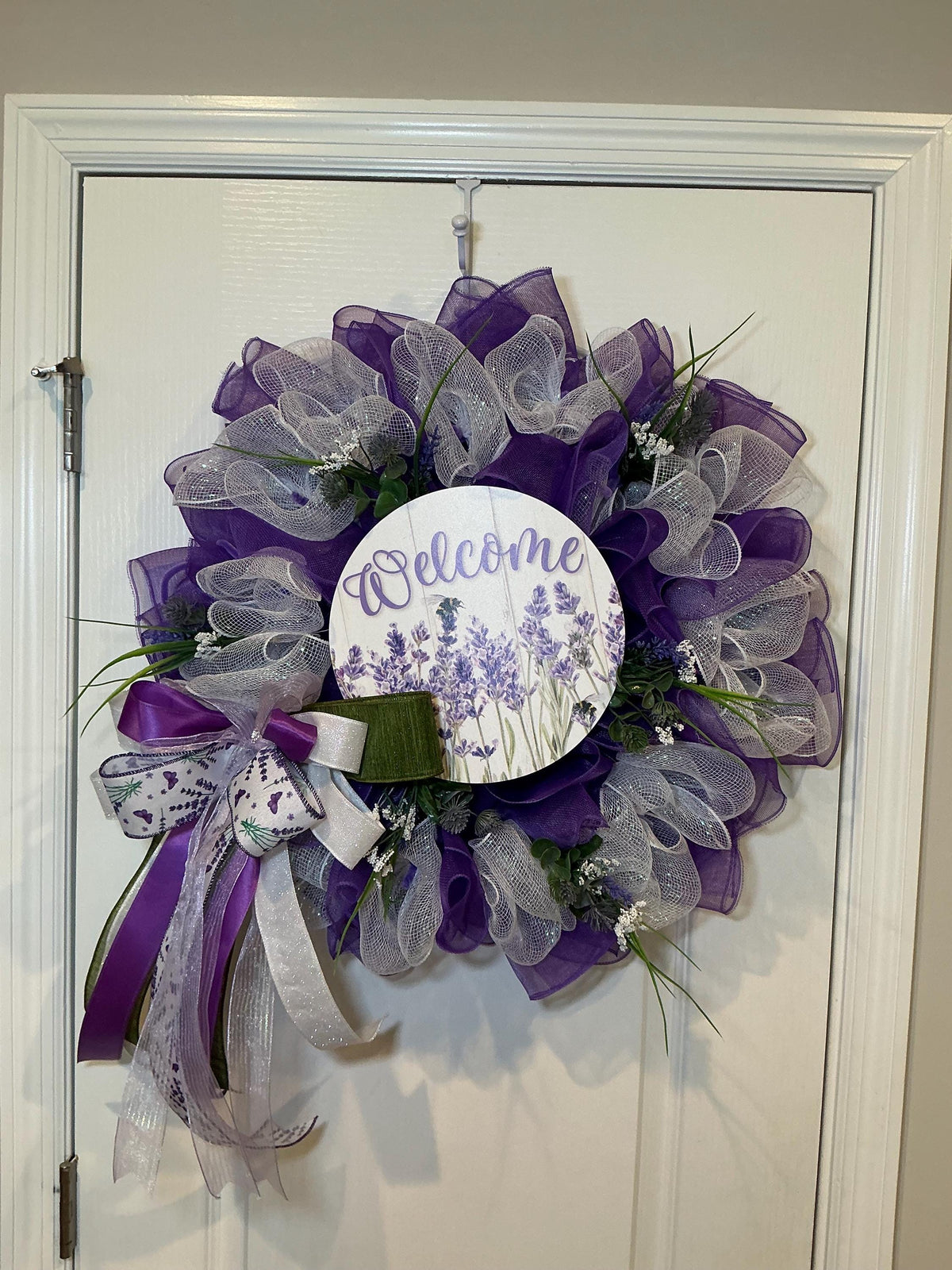 Lavender Wreath, Purple Bee Garden Decor, Designer Pearl Bow, Spring Front Door Wreath