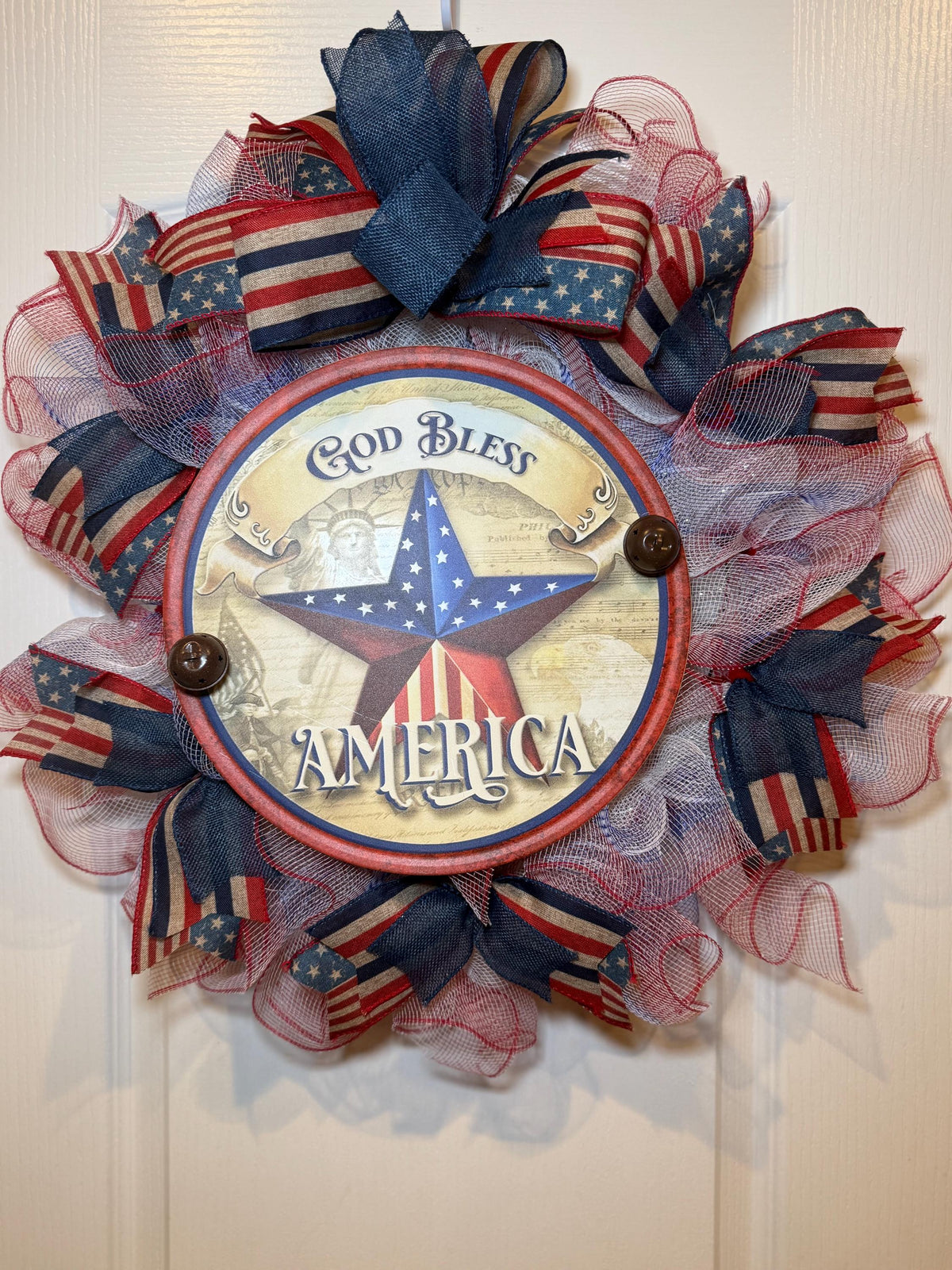 Star Sign deco mesh Wreath, God Bless America Fourth of July Red White Blue, 14 Inch Independence Day Handmade NC