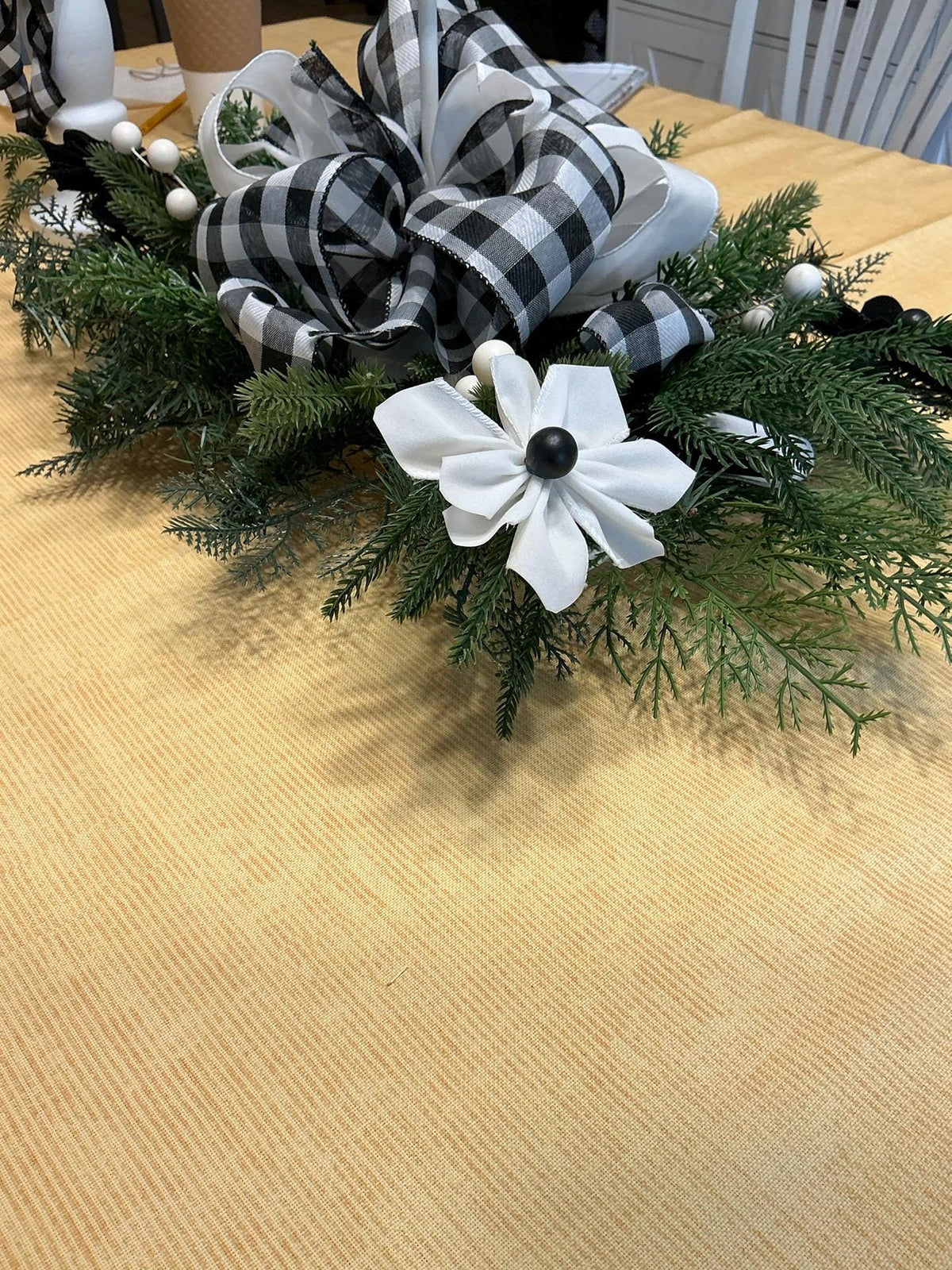Buffalo Check Centerpiece, Farmhouse Table Decor, Handmade Ribbon Flowers, Black White Candle Holder