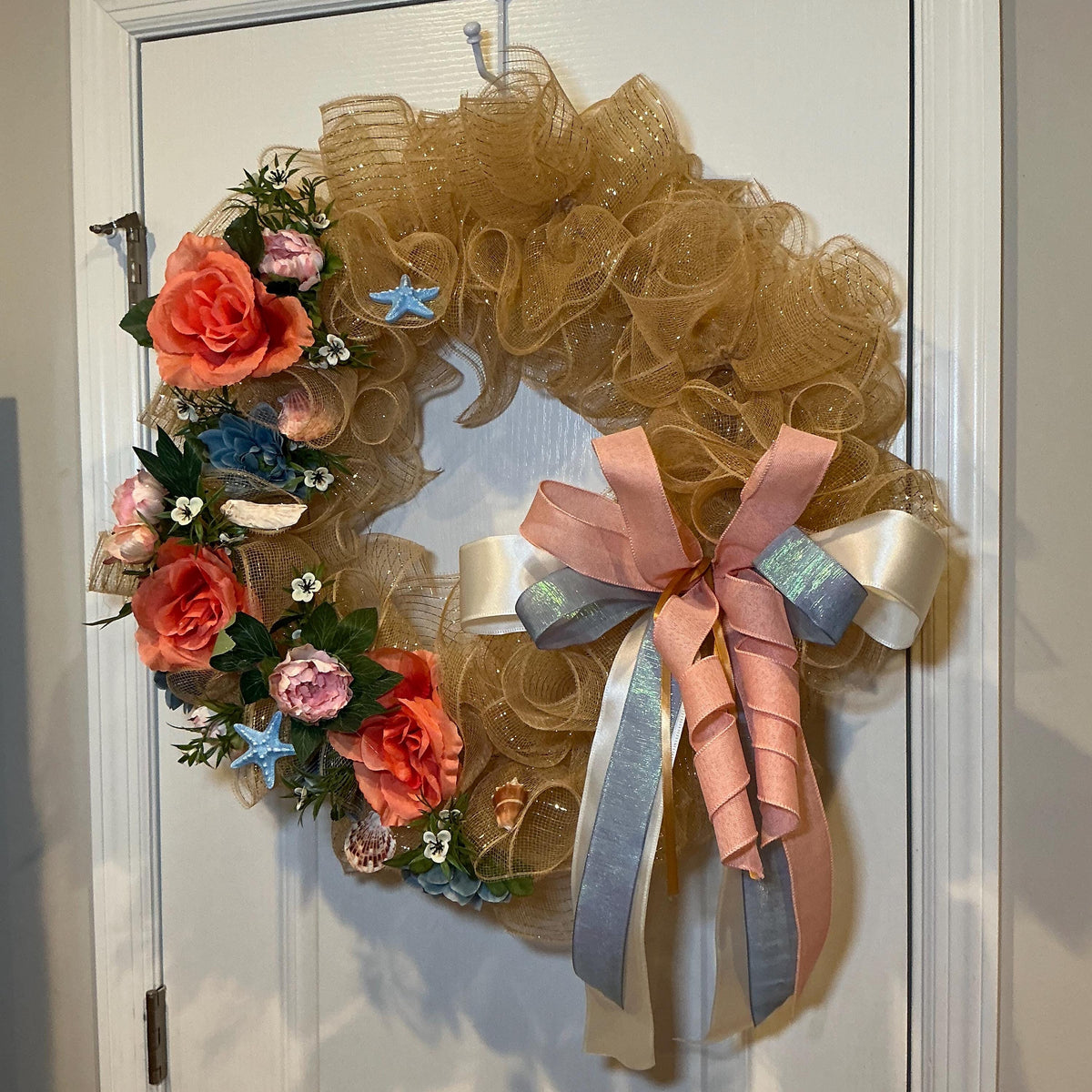 Gold Glitter Coastal Wreath, 18 Inch Dusty Blue Peach Florals with Seashells