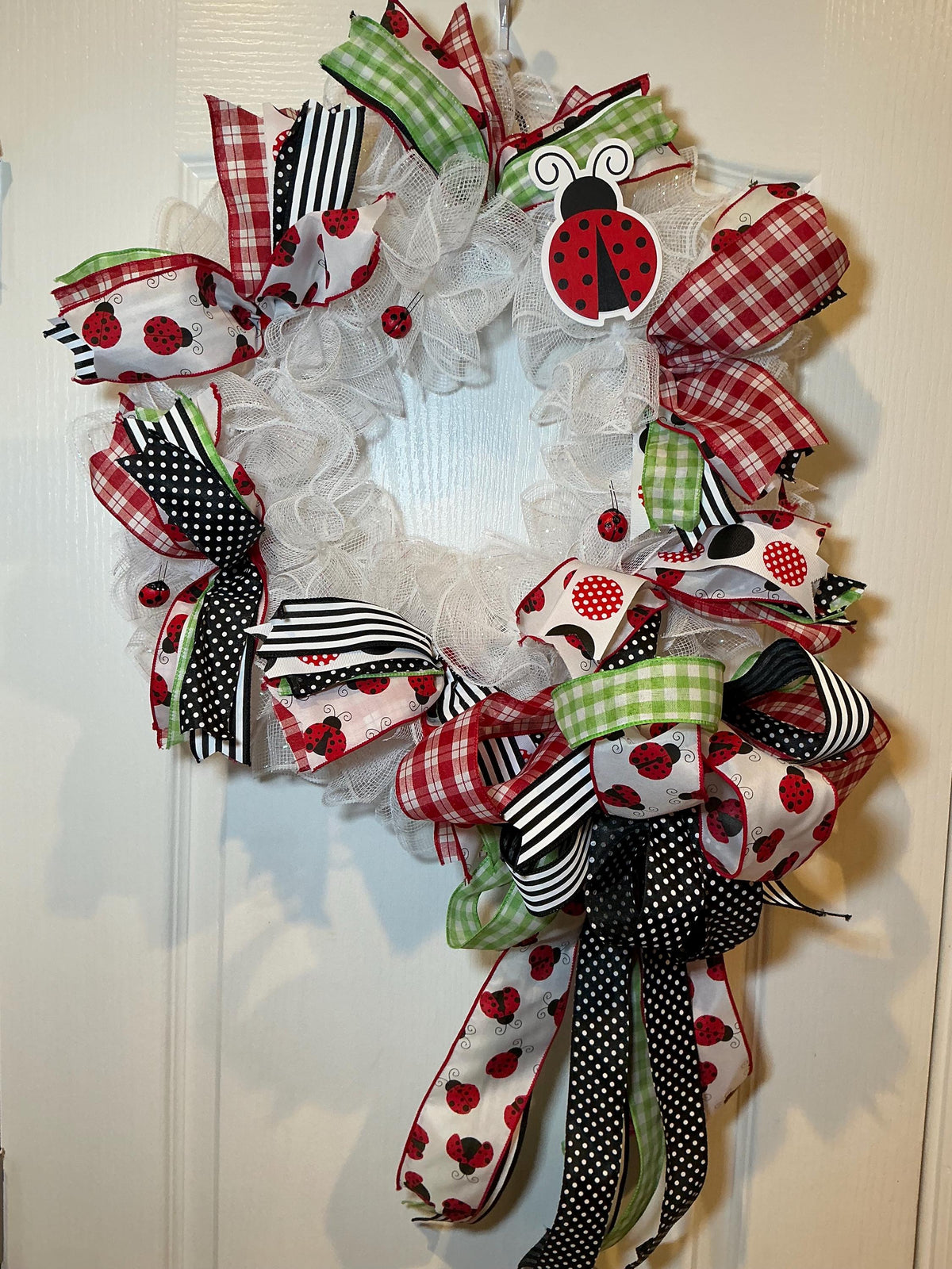 White base ladybug,door decor ,and handmade wreath