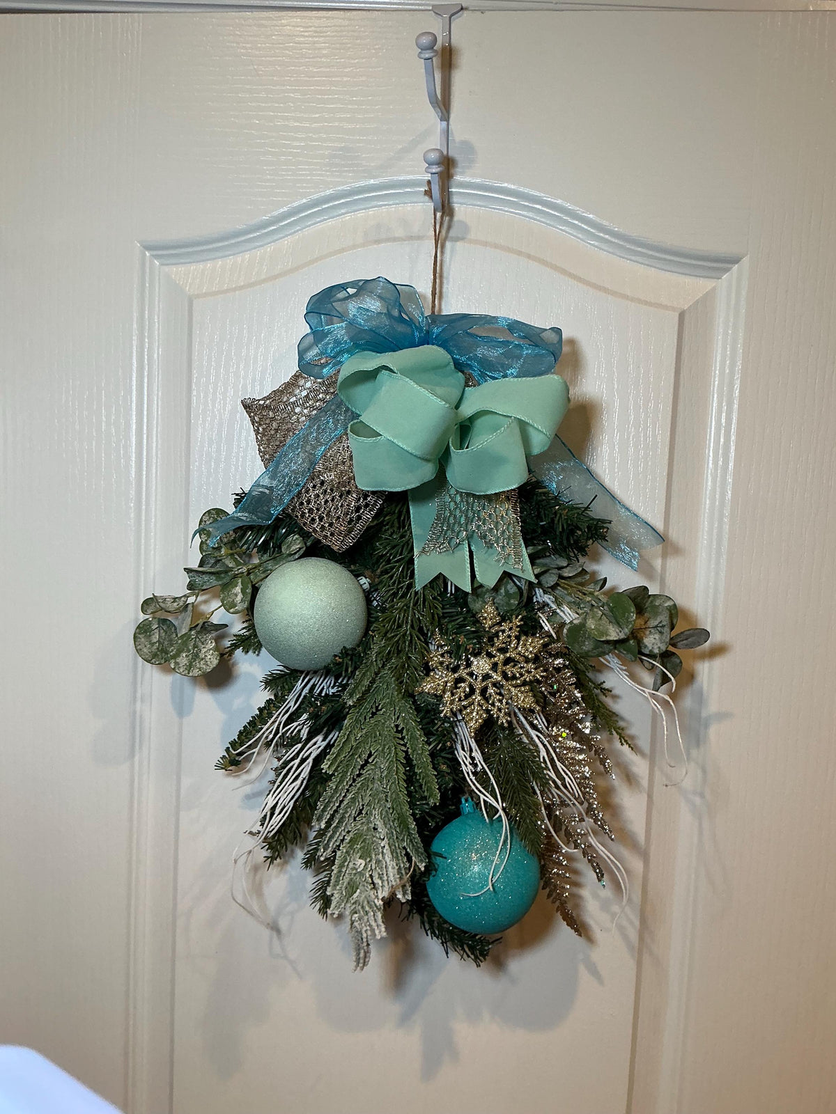 Coastal Christmas Door Swag, Eucalyptus Snowflake, Mint Blue Bow, Holiday Accent