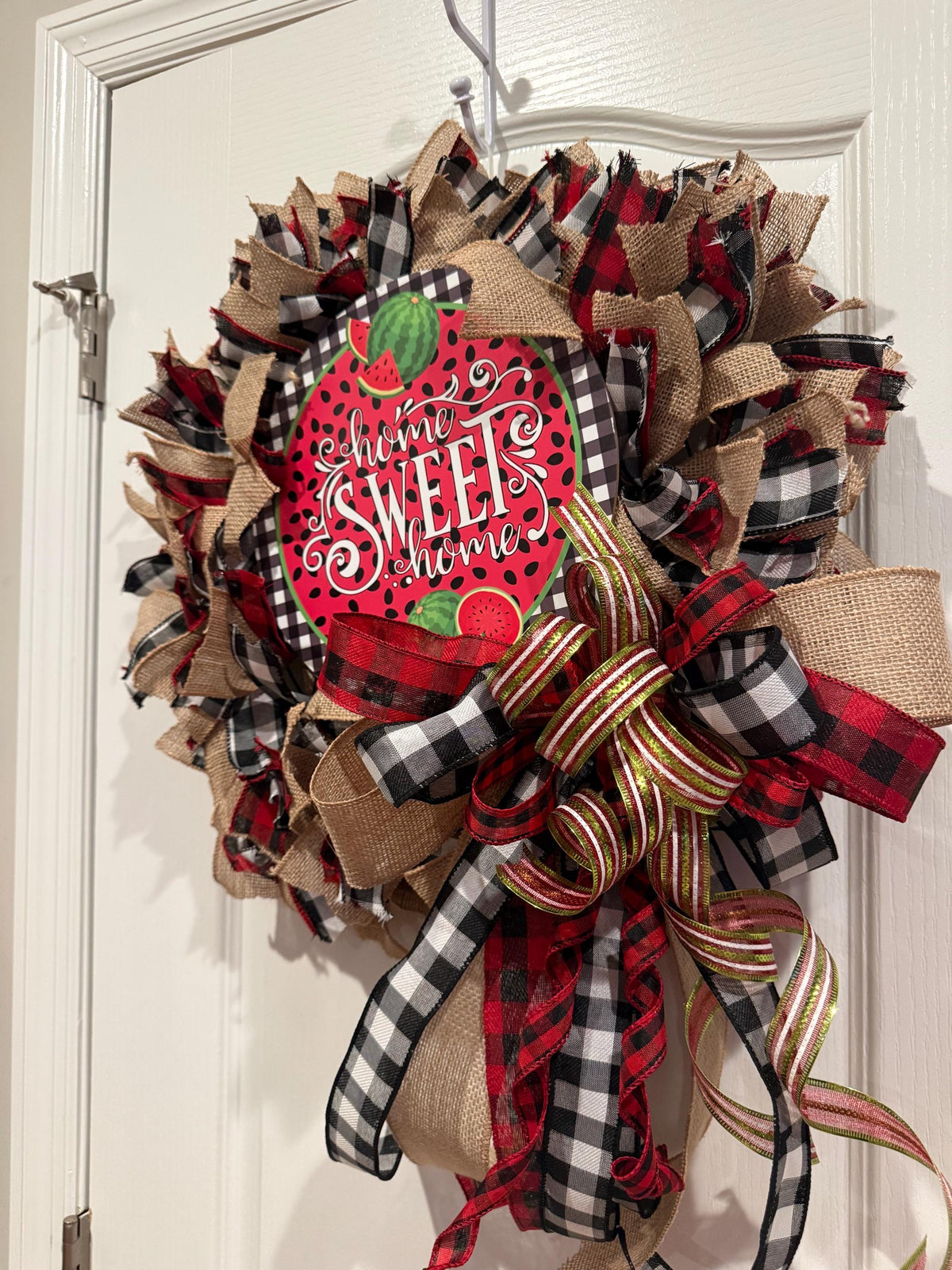 Home Sweet Home Watermelon Wreath with Burlap Buffalo Check, Summer Front Door Decor