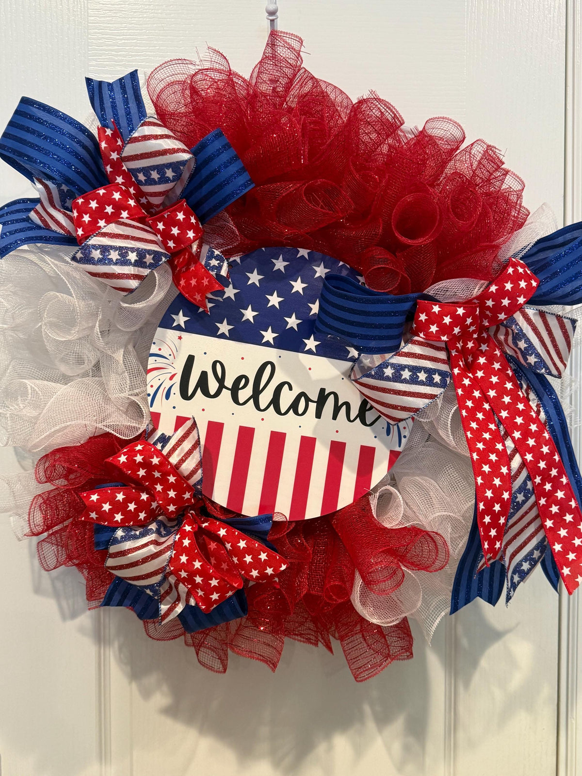 Handmade Americana Wreath, Red White Blue Welcome Sign, Independence Day Decor