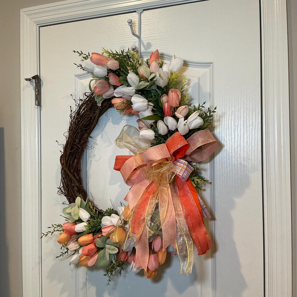 Grapevine Tulip Wreath, Peach Coral Spring Decor, Farmhouse Front Door Accent, Gold Ribbon Bow