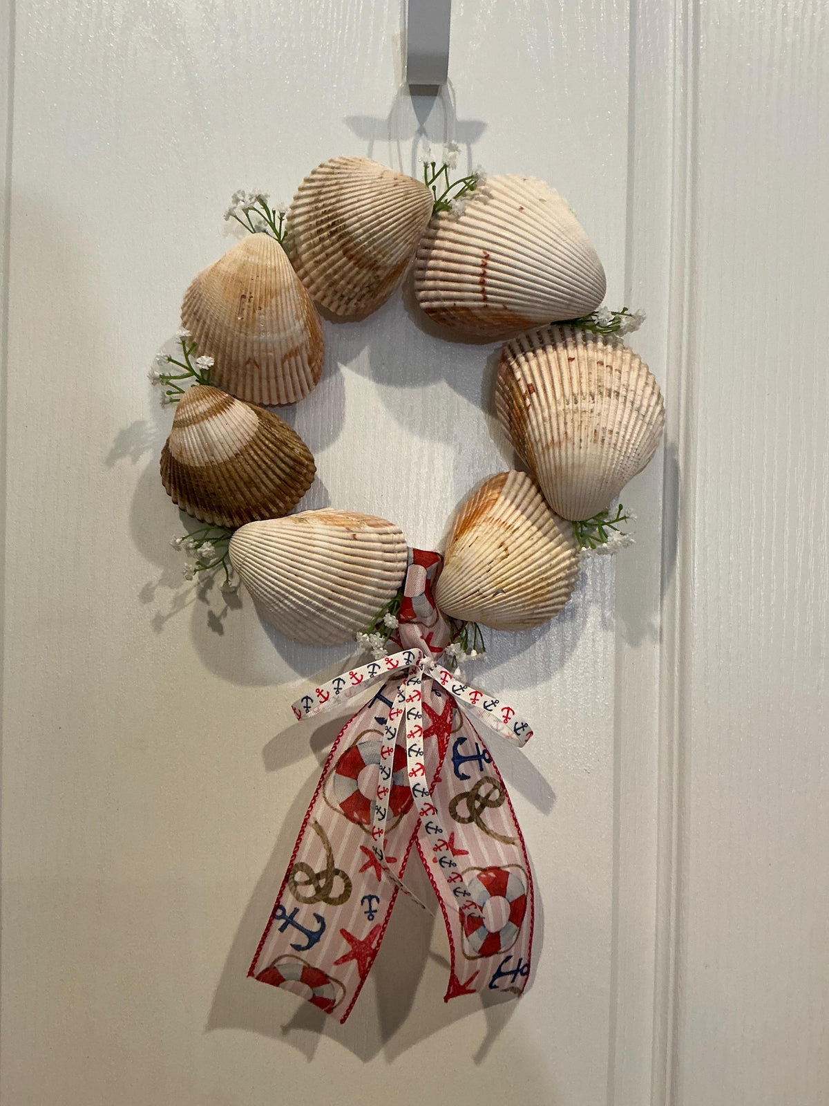 Seashell Wreath, Nautical Ribbon, Coastal Beach Decor, Door Hanger