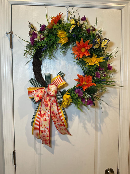Butterfly Garden Wreath, Monarch Butterfly Decor, Wildflower Front Door Natural Fiber Decor