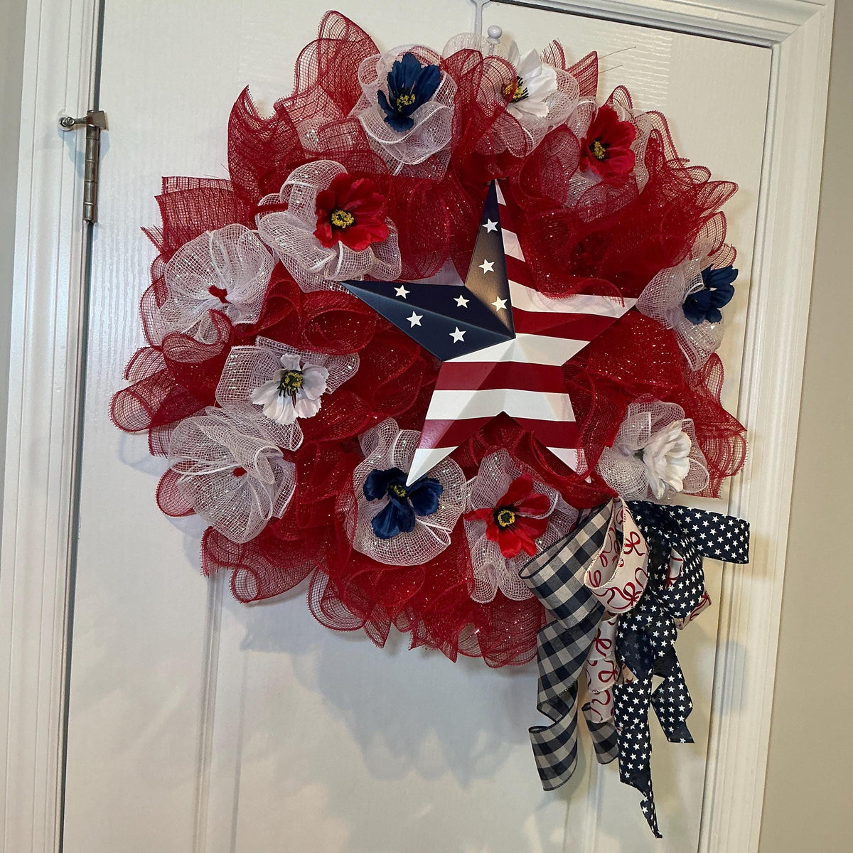 Red White Blue Star Wreath, Fourth of July Front Door Decor, American Flag Deco Wreath, Patriotic Star Sign, Handmade NC