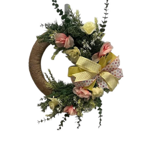 Handcrafted Jute Rope Wreath, Spring Peach Roses, Eucalyptus Greenery, Polka Dot Bow