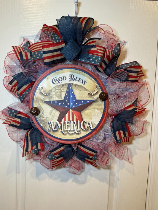 Star Sign deco mesh Wreath, God Bless America Fourth of July Red White Blue, 14 Inch Independence Day Handmade NC