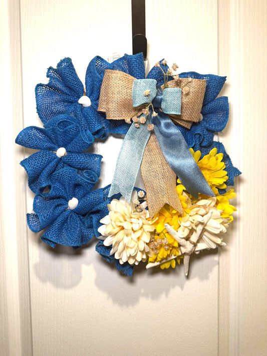 Blue Burlap Coastal Wreath, Starfish Shell Door Hanger, Nautical Beach Home Decor, Handmade  Wreath