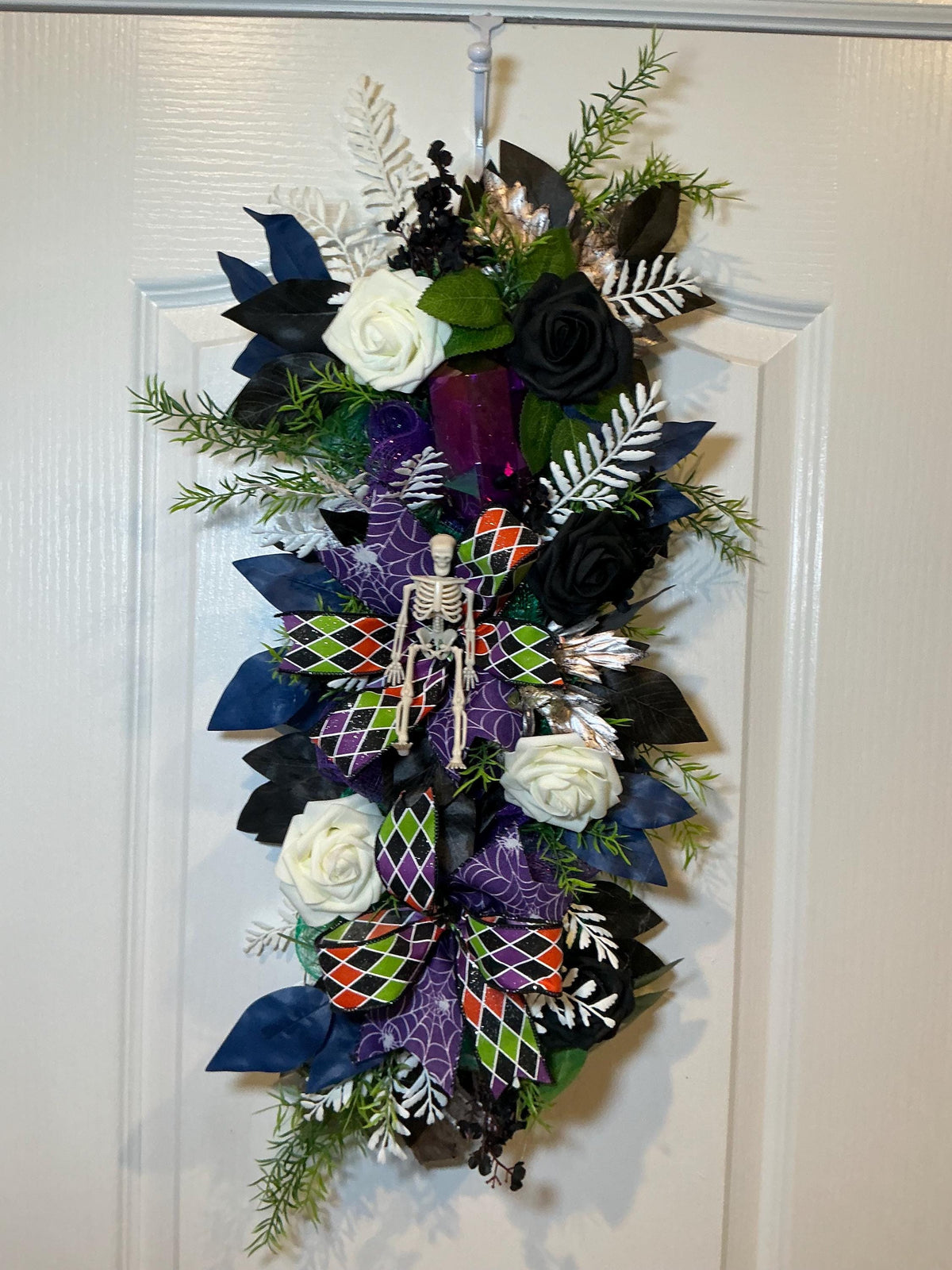 Gothic Halloween Floral Swag, Black Ivory Roses with Skeleton Spiderweb Bow