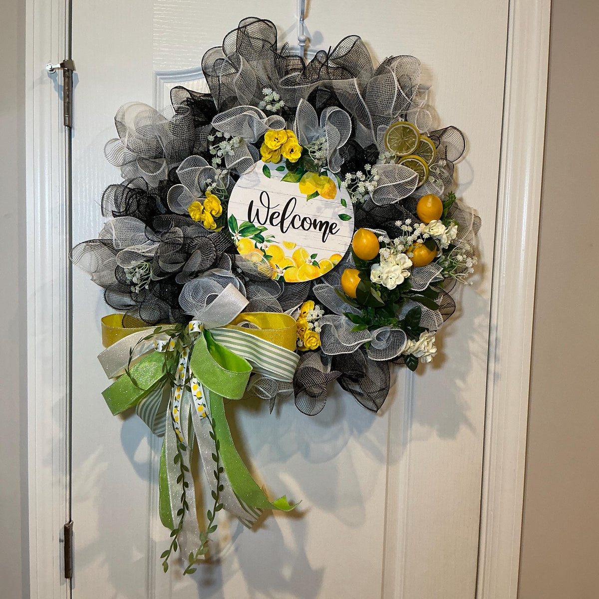 Black and White Lemon Deco Mesh Wreath, Handmade Summer Front Door Decor