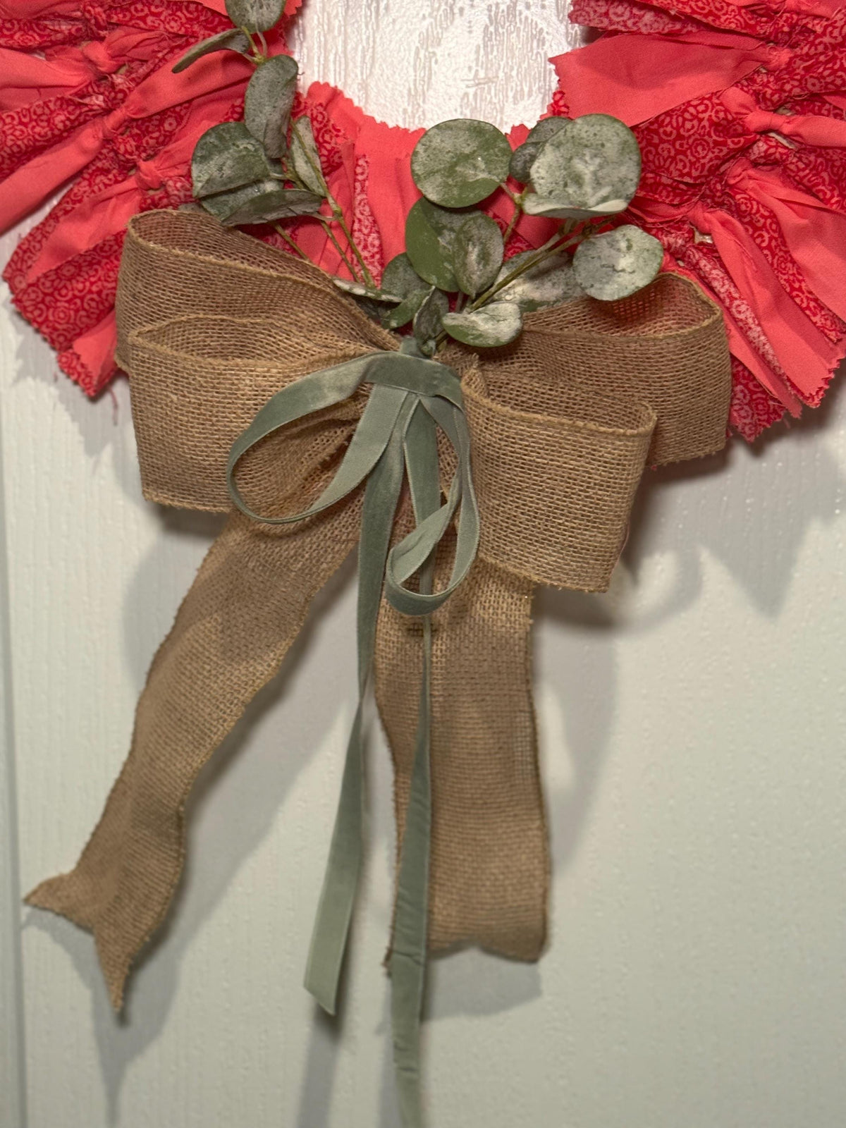 13 Inch Coral Red Fabric Rag Wreath with Burlap Bow, Rustic Farmhouse Door Decor