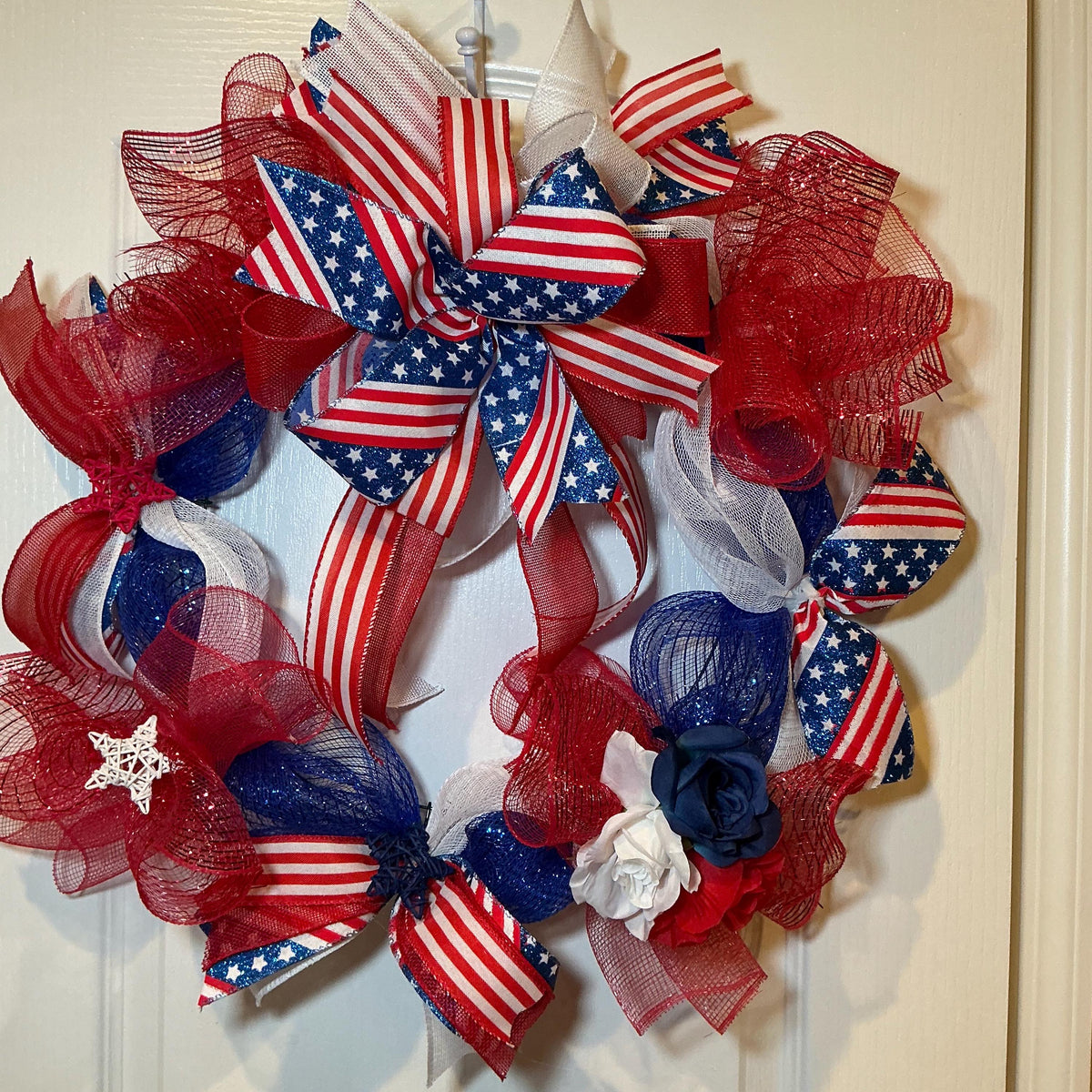 Red White Blue Flag Bow Rose Wreath, Stars and Stripes Americana Door Decor
